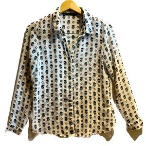Zara Basics Sheer Long Sleeve Button Up SKULLS print Ladies Shirt Size Small